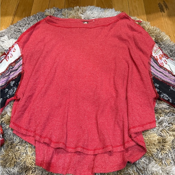 Free People Red Thermal Top with Paisley Sleeves - Picture 4 of 7